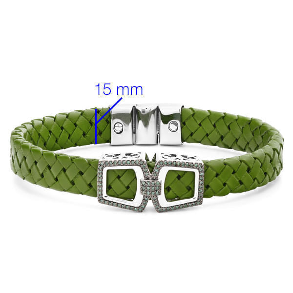 Bracelete em Prata 925 em Couro e Diamantes Verdes