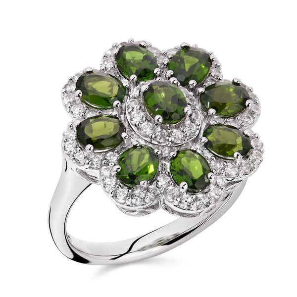 Anel r em Prata 925 Flor com Chromediopside e Zirconias