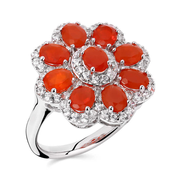 Anel em Prata 925 Flor  com Opalas Laranjas e Zirconias
