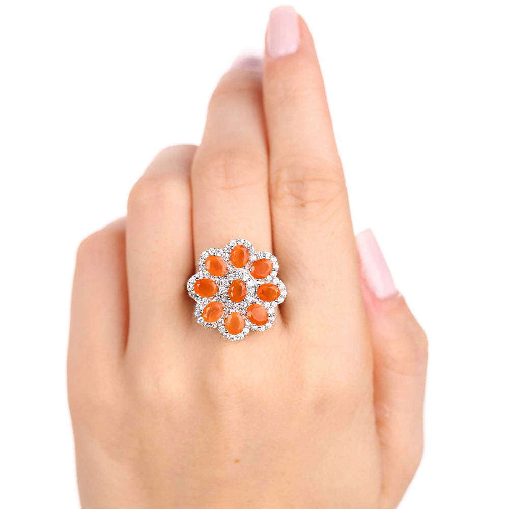 Anel em Prata 925 Flor  com Opalas Laranjas e Zirconias