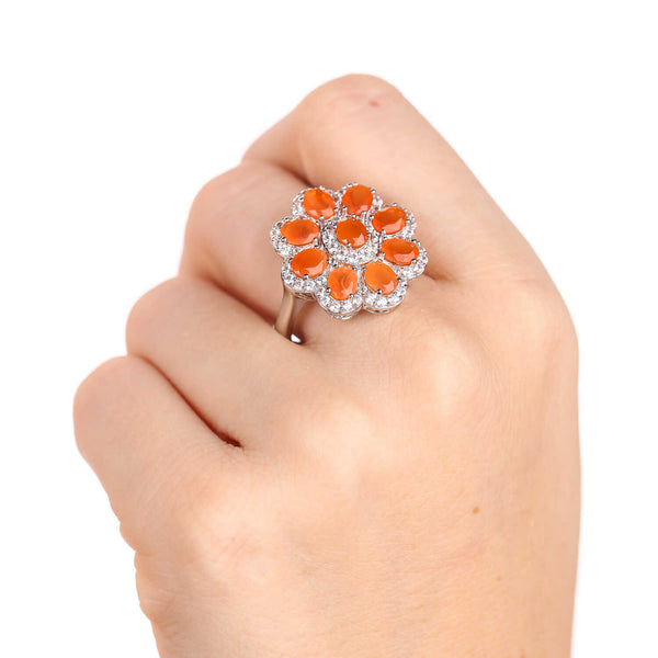 Anel em Prata 925 Flor  com Opalas Laranjas e Zirconias