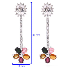 Par de Brinco em Prata 925 Flor com Turmalinas Coloridas e Topázios Brancos