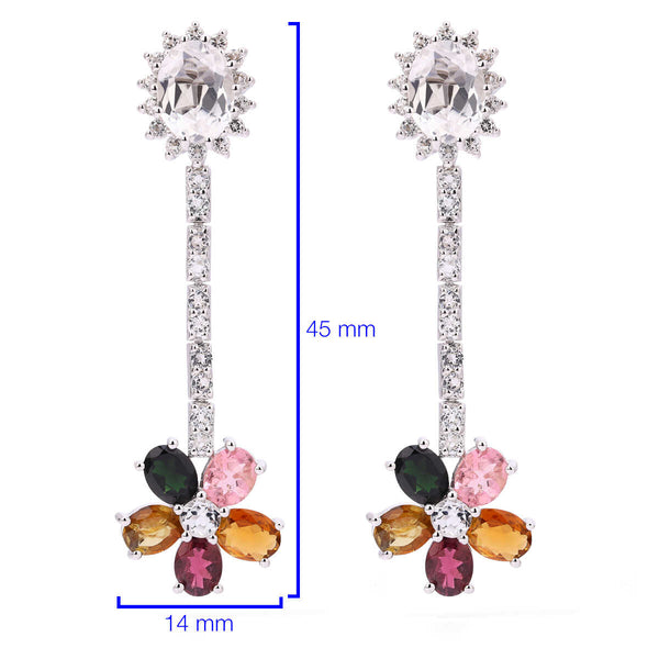 Par de Brinco em Prata 925 Flor com Turmalinas Coloridas e Topázios Brancos
