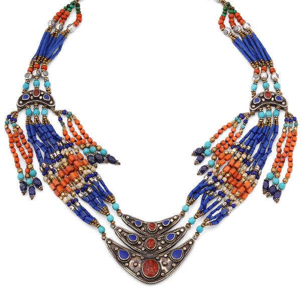 Colar Linha Nepal com Coral,Turquesa e Lapis Lazulle