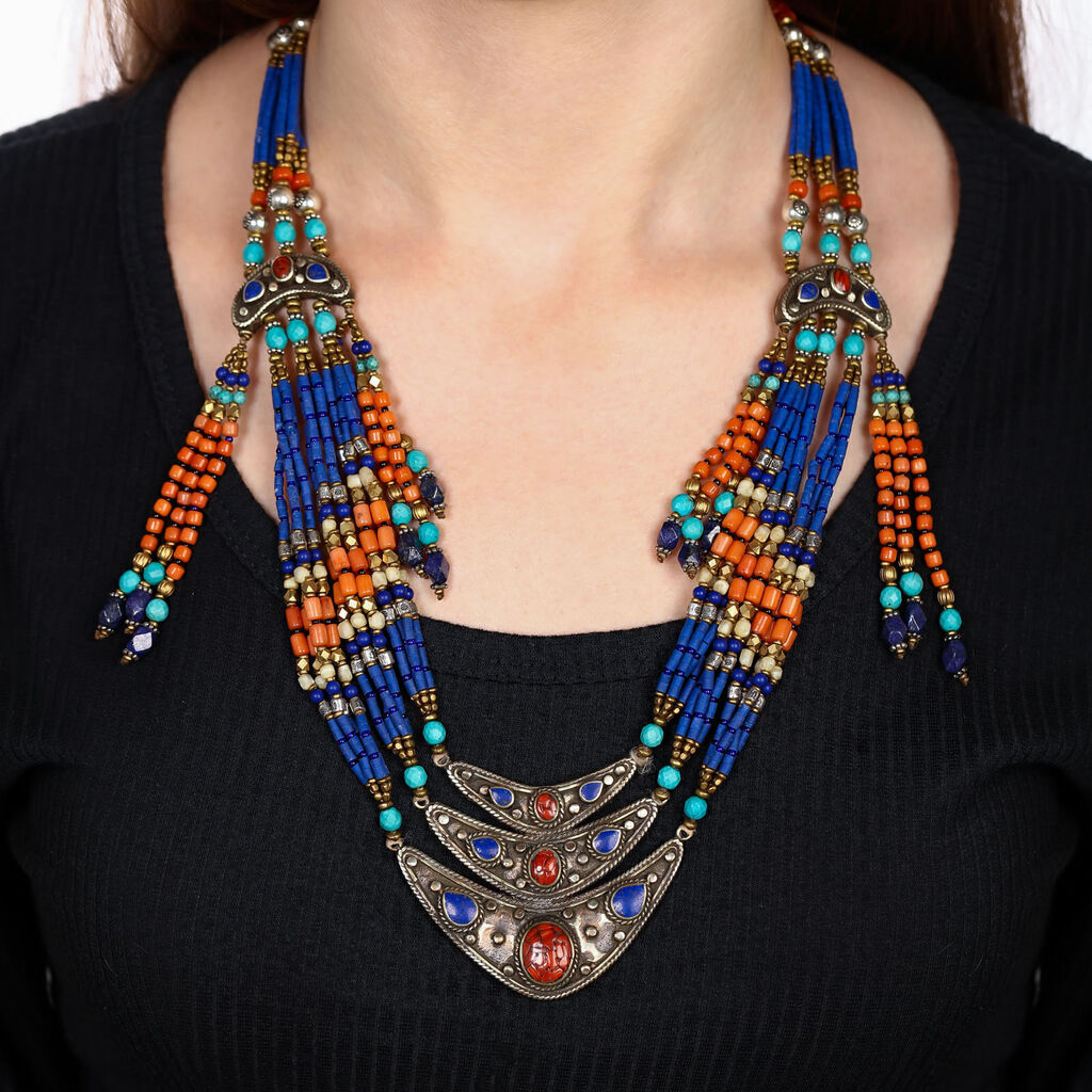 Colar Linha Nepal com Coral,Turquesa e Lapis Lazulle
