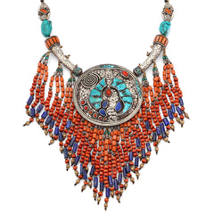 Colar Linha Nepal com Pingente Redondo com Coral, Turquesa e Lapis Lazulle