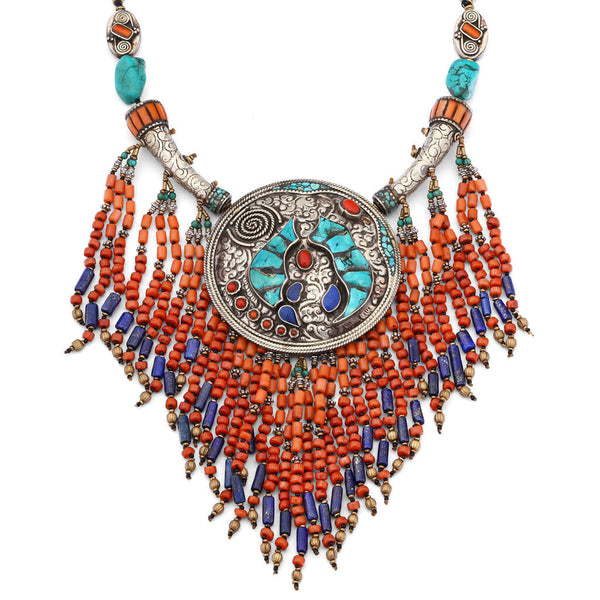 Colar Linha Nepal com Pingente Redondo com Coral, Turquesa e Lapis Lazulle