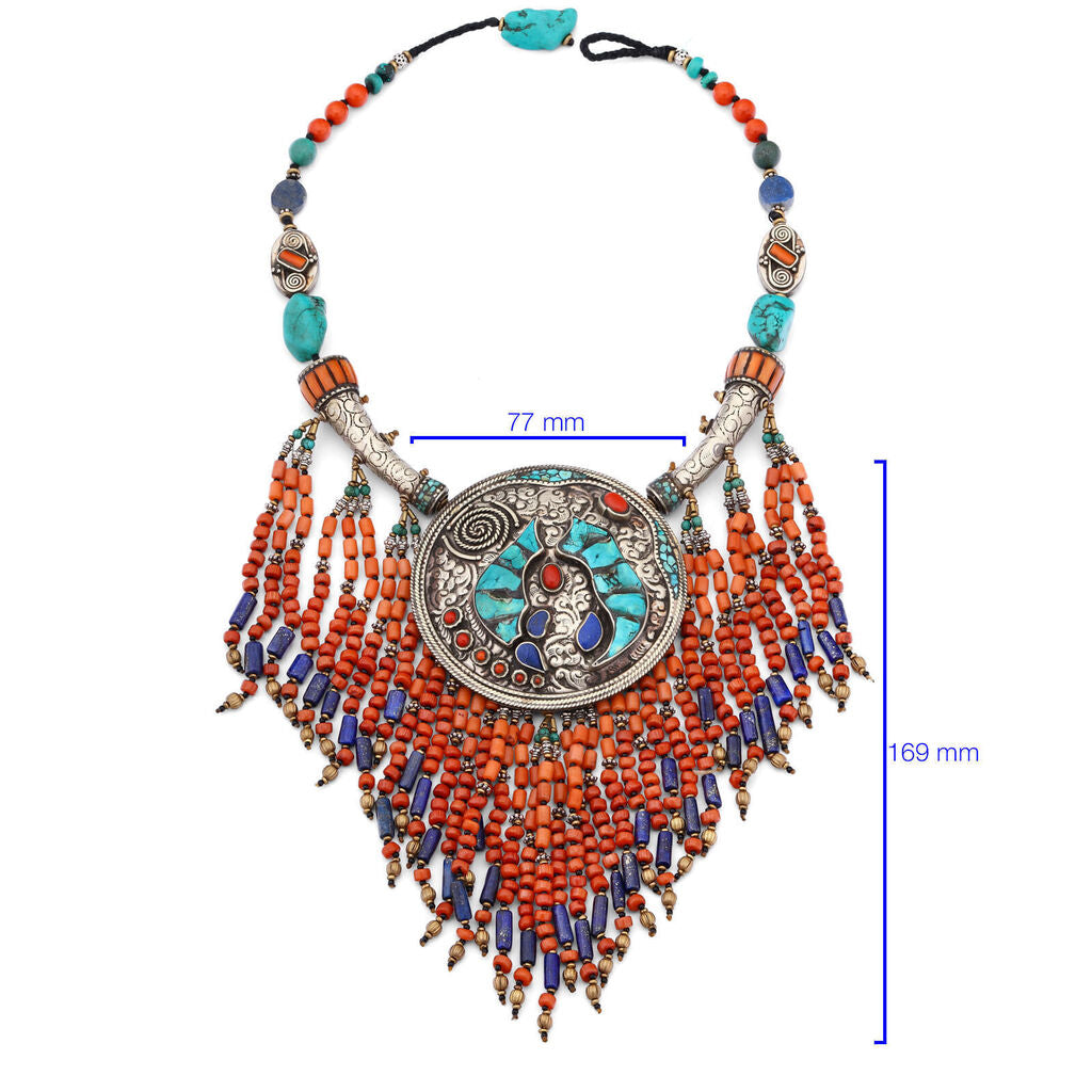 Colar Linha Nepal com Pingente Redondo com Coral, Turquesa e Lapis Lazulle