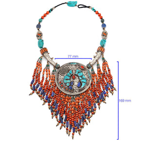 Colar Linha Nepal com Pingente Redondo com Coral, Turquesa e Lapis Lazulle
