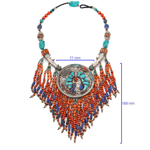 Colar Linha Nepal com Pingente Redondo com Coral, Turquesa e Lapis Lazulle