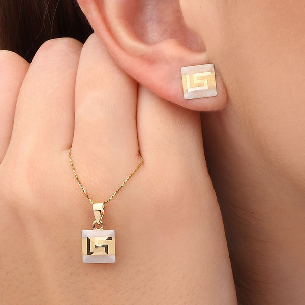 Par De Brinco e Pingente Quadrado em Ouro Amarelo 18k Com Detalhes Acetinados Em Ouro Branco 18k
