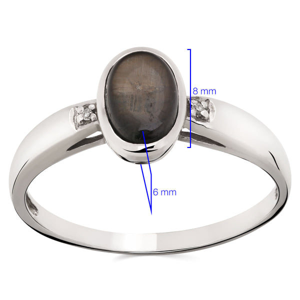 Anel em Prata 925 com Safira Negra Estrela e Diamantes