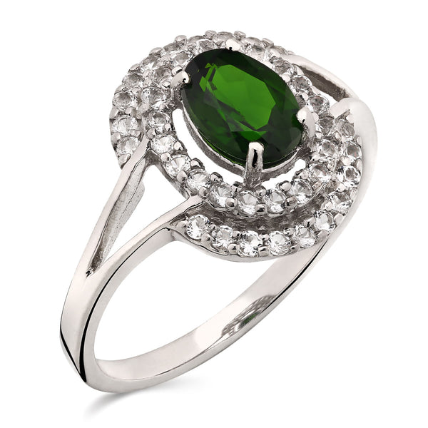 Anel em Prata 925 Com Cromo Diopside e Topázios Brancos