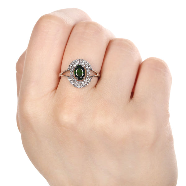 Anel em Prata 925 Com Cromo Diopside e Topázios Brancos