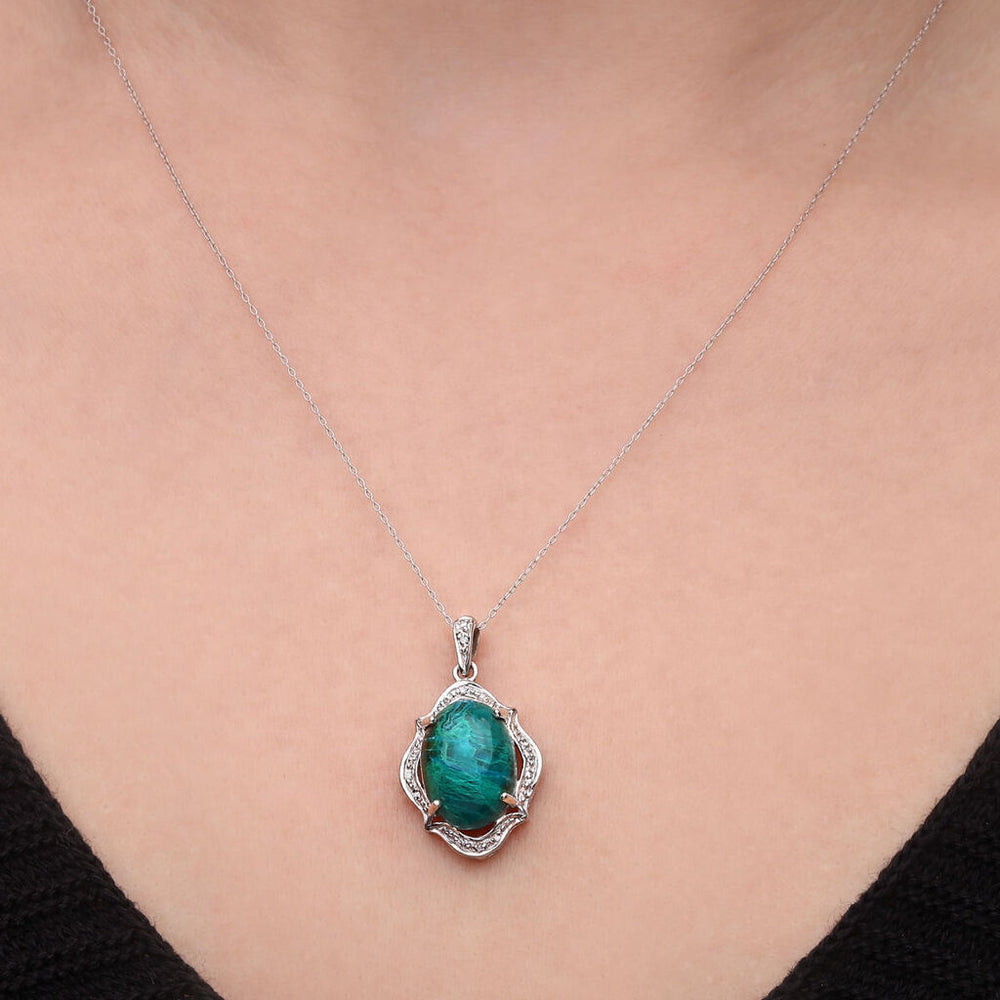 Pingente em Prata 925 Crisocola Cabuchon e Diamantes