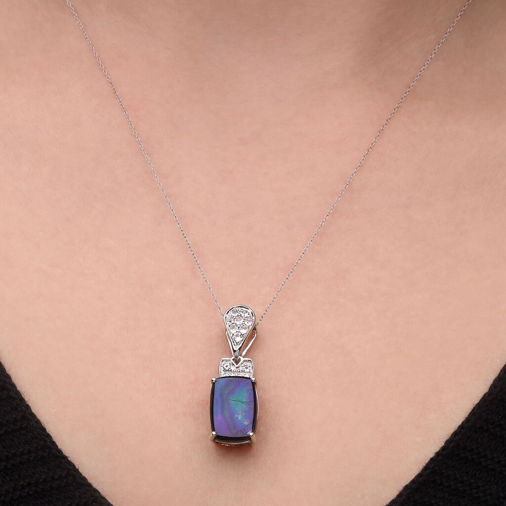 Pingente em Prata 925 com Ammolite Retangular e Topazios Brancos Aprox. 4,75 cts