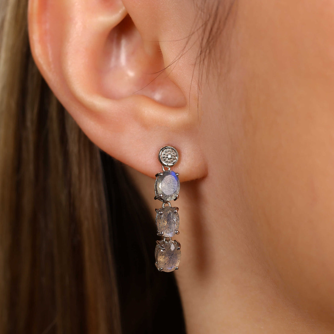 Par de Brinco em Prata 925 com Espectrolites e Diamantes