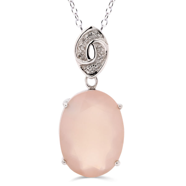 Pingente em Prata 925 com Calcedônia Rosa Oval  e Diamante