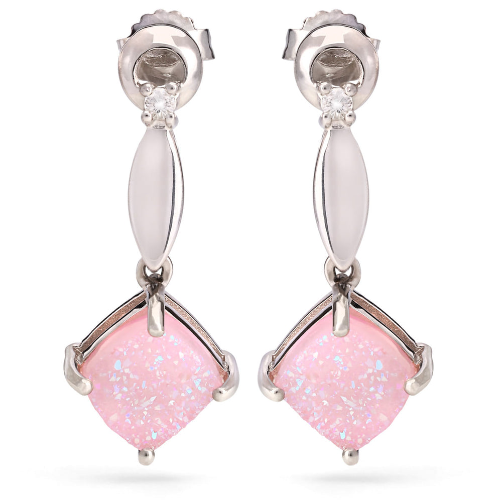 Par de Brinco em Prata  com Quartzo Glitter Rosa e Topázio Branco