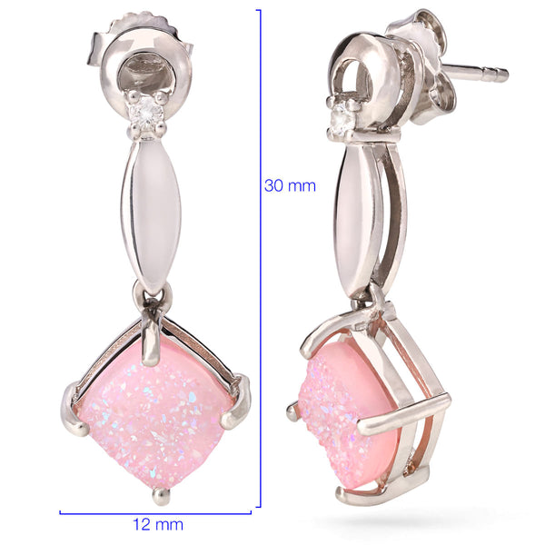 Par de Brinco em Prata  com Quartzo Glitter Rosa e Topázio Branco