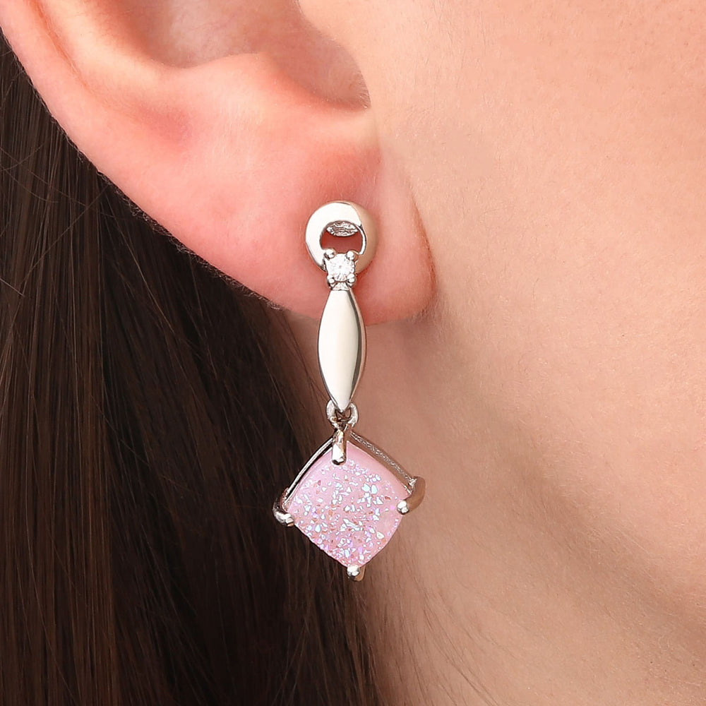 Par de Brinco em Prata  com Quartzo Glitter Rosa e Topázio Branco