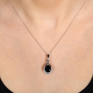 Pingente Gota com Black Spinel e Topázio Branco ,Diamantes  Prata