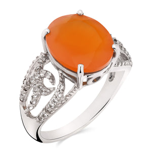 Anel em Prata 925 Com Cornalina Oval e Topazios Branco