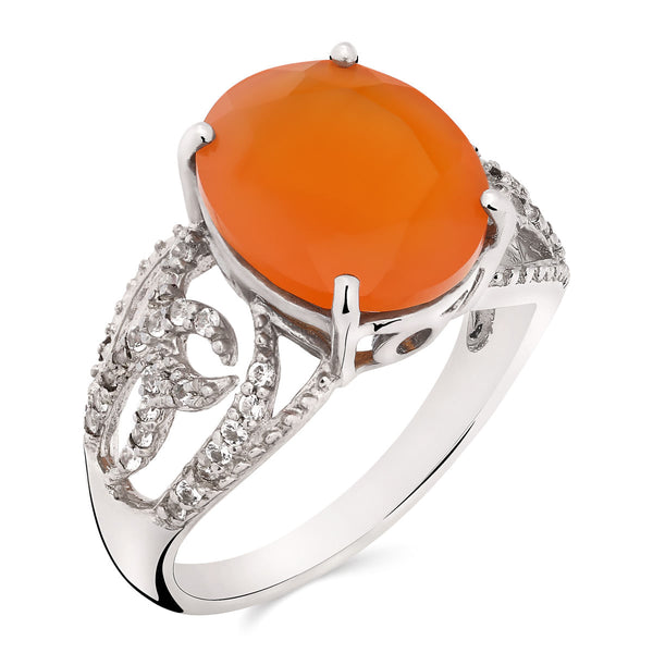 Anel em Prata 925 Com Cornalina Oval e Topazios Branco