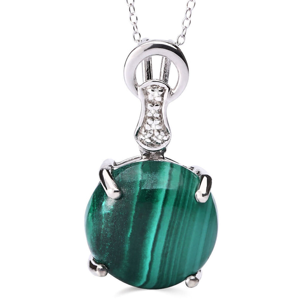 Pingente  em Prata 925 Com Malaquita Cabuchon e Diamantes