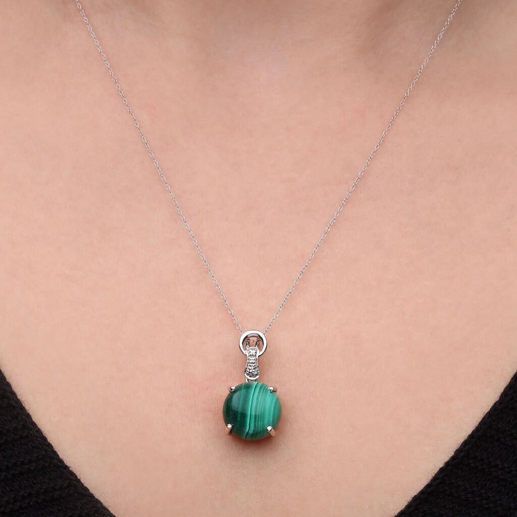 Pingente  em Prata 925 Com Malaquita Cabuchon e Diamantes