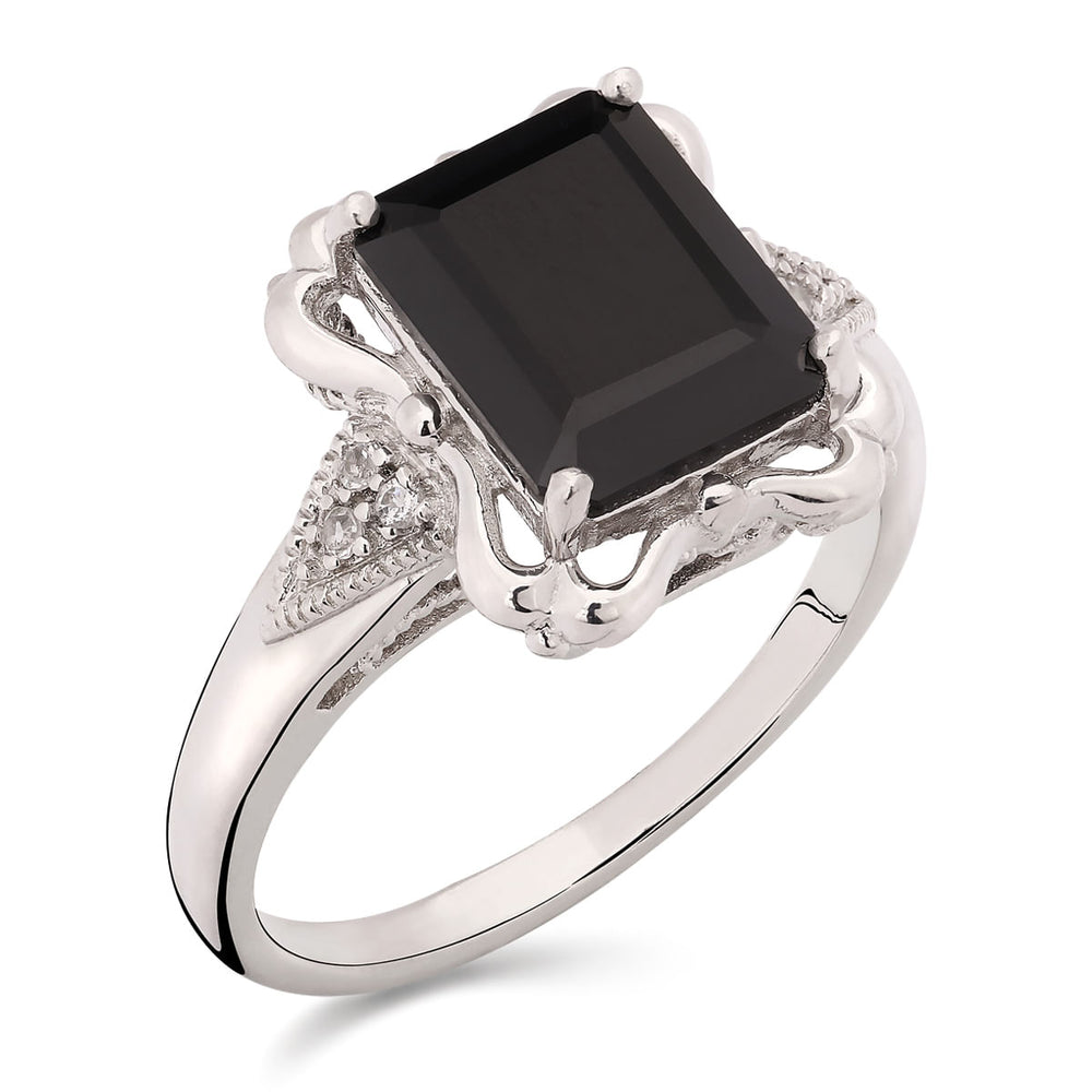 Anel em Prata 925Com Black Spinel Retangular e Topázios Brancos