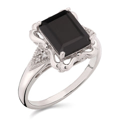 Anel em Prata 925Com Black Spinel Retangular e Topázios Brancos