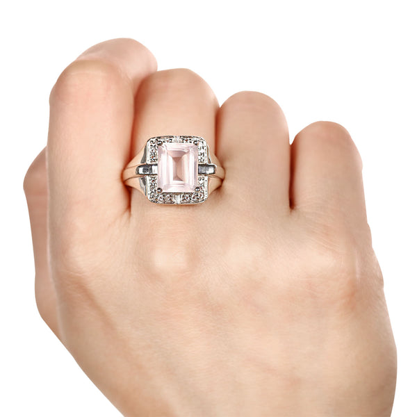 Anel em Prata 925 Com Quartzo Rosa e Topázios Brancos