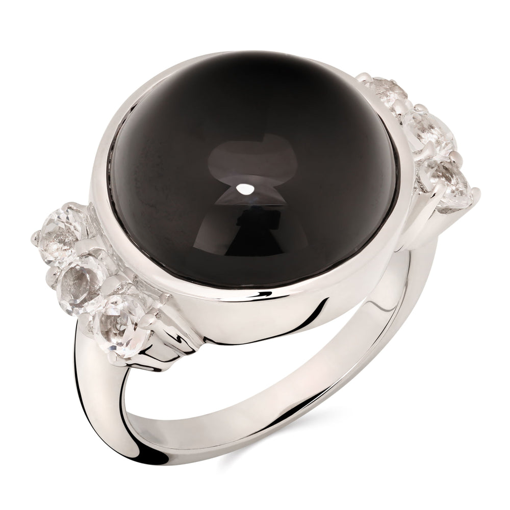 Anel em Prata 925 com Black Spinel Redondo e Topázio Branco