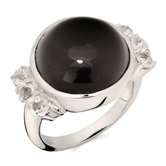 Anel em Prata 925 com Black Spinel Redondo e Topázio Branco