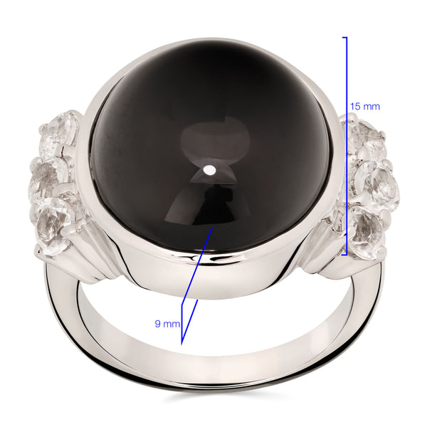 Anel em Prata 925 com Black Spinel Redondo e Topázio Branco