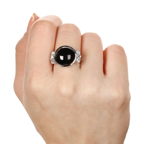 Anel em Prata 925 com Black Spinel Redondo e Topázio Branco