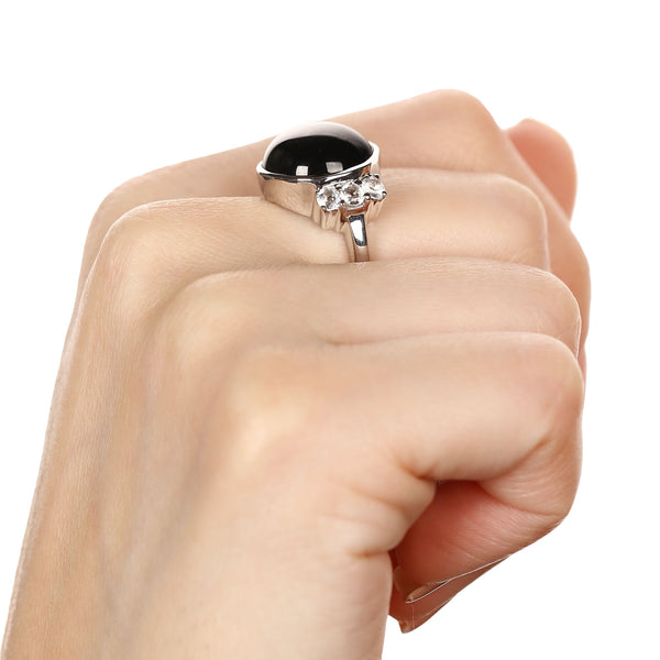 Anel em Prata 925 com Black Spinel Redondo e Topázio Branco