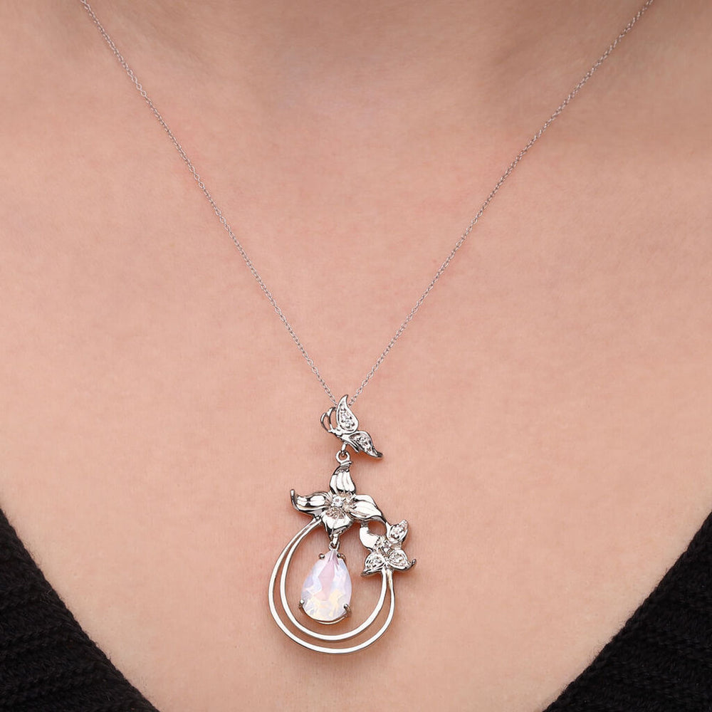 Pingente em Prata 925 Flor com Quartzo Blue Moon e Diamantes