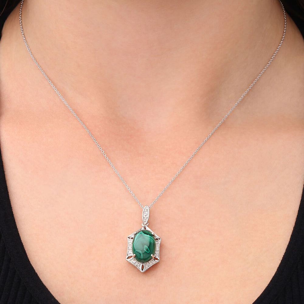 Pingente em Prata 925 Malaquita e Diamantes