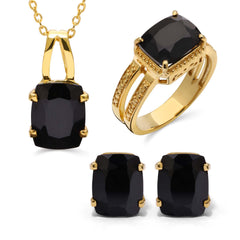 Anel, Brinco e Pingente com Black Spinel Retangular Aprox.12 cts