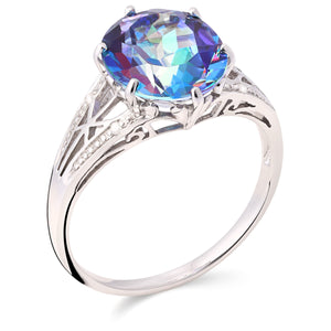 Anel  em Prata 925 com Topázio Mistico Oval e Diamantes