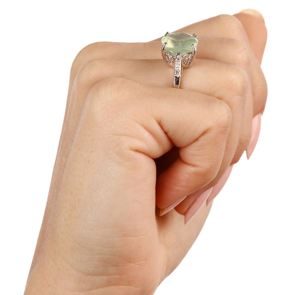 Anel Solitário Com Prenita Prata, Topázio Branco e Diamante Prata