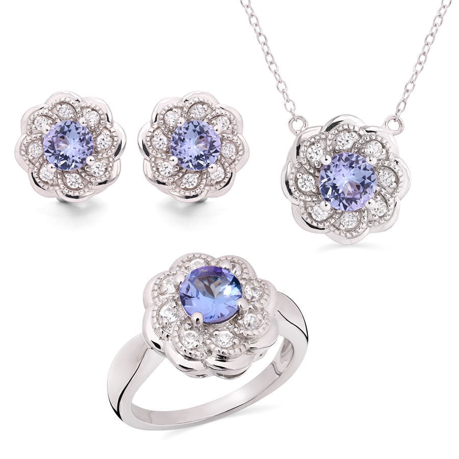 Conjunto de Prata 925 Flor com Tanzanitas