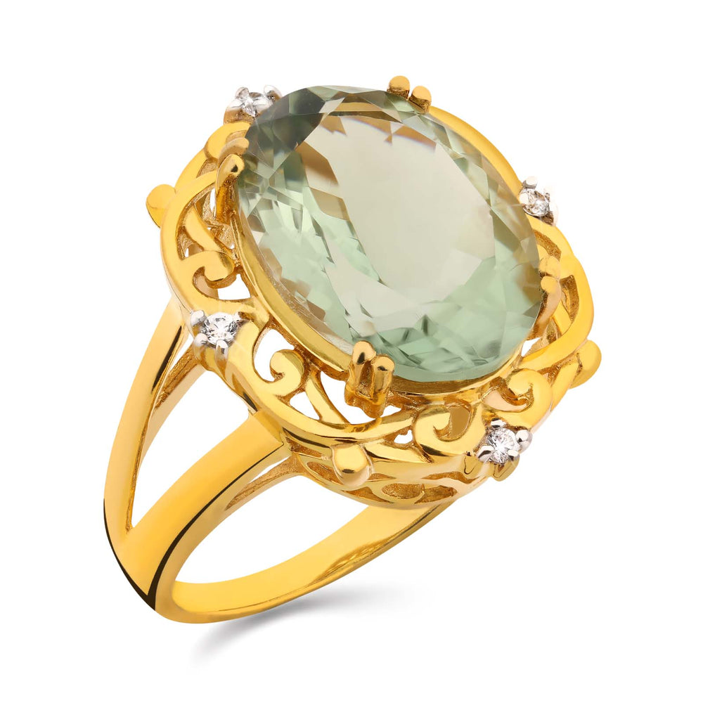 Anel em Prata 925 com Ametista Verde Oval e Zirconias