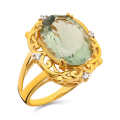 Anel em Prata 925 com Ametista Verde Oval e Zirconias