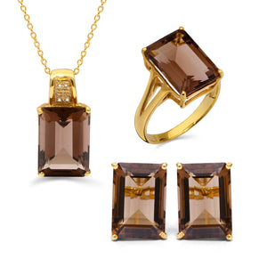Anel, Brinco e Pingente de Prata Gota com Quartzos Smokes e Diamantes Aprox. 22,24 cts