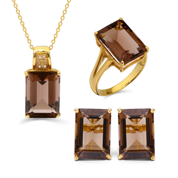 Anel, Brinco e Pingente de Prata Gota com Quartzos Smokes e Diamantes Aprox. 22,24 cts