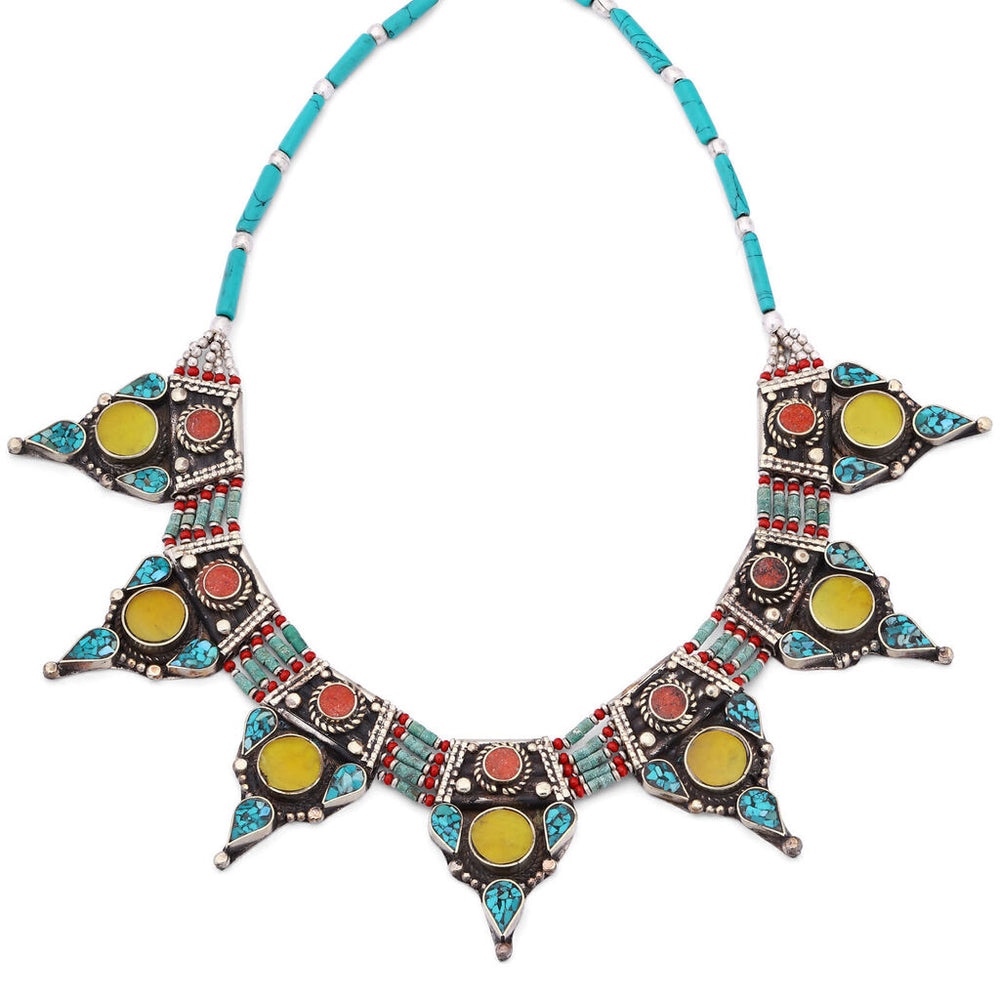 Colar Linha Nepal Com Turquesa, Coral e Ágata
