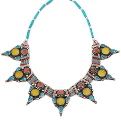 Colar Linha Nepal Com Turquesa, Coral e Ágata